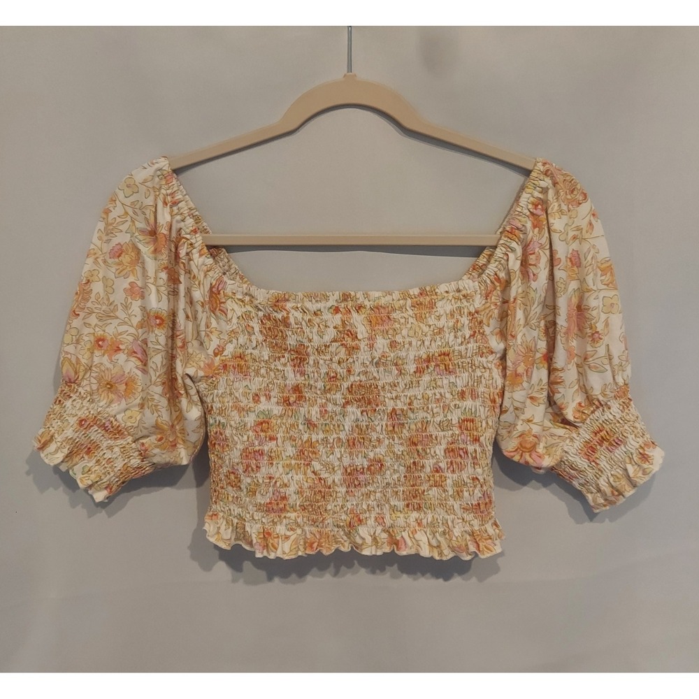Billabong Womens Peaches & Cream Floral Puff Sleeve Ruched Crop Top Size Large❤️